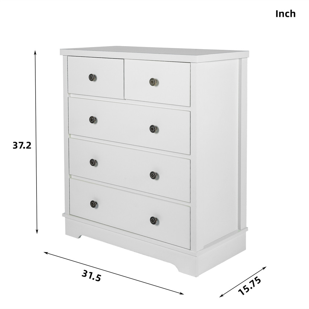 White five-drawer dresser with dimensions labeled 37.2 height, 31.5 width, 15.75 depth